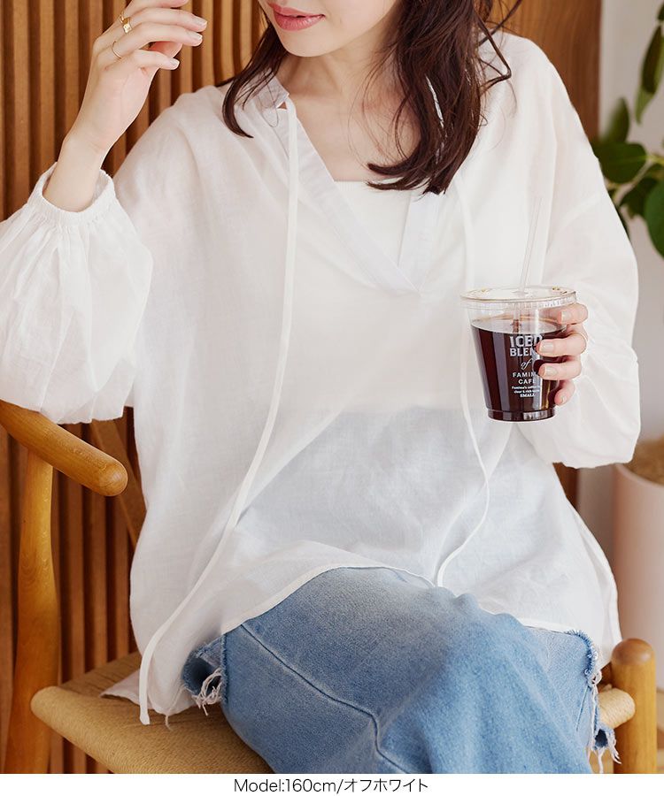 日本 Kobe Lettuce - 微透感文藝綁帶泡泡袖上衣-米白