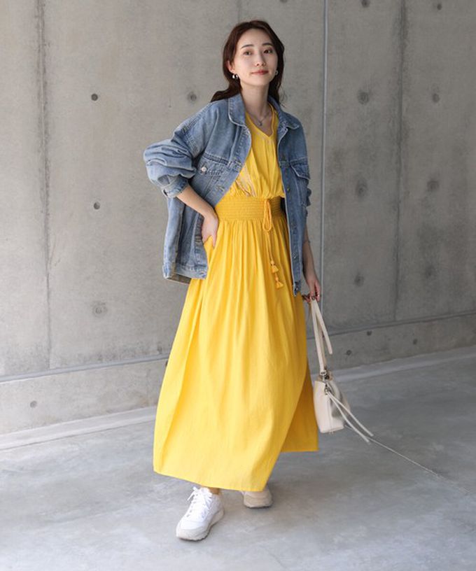 日本 Bab - 100%印度棉 素雅刺繡收腰短袖洋裝-黃