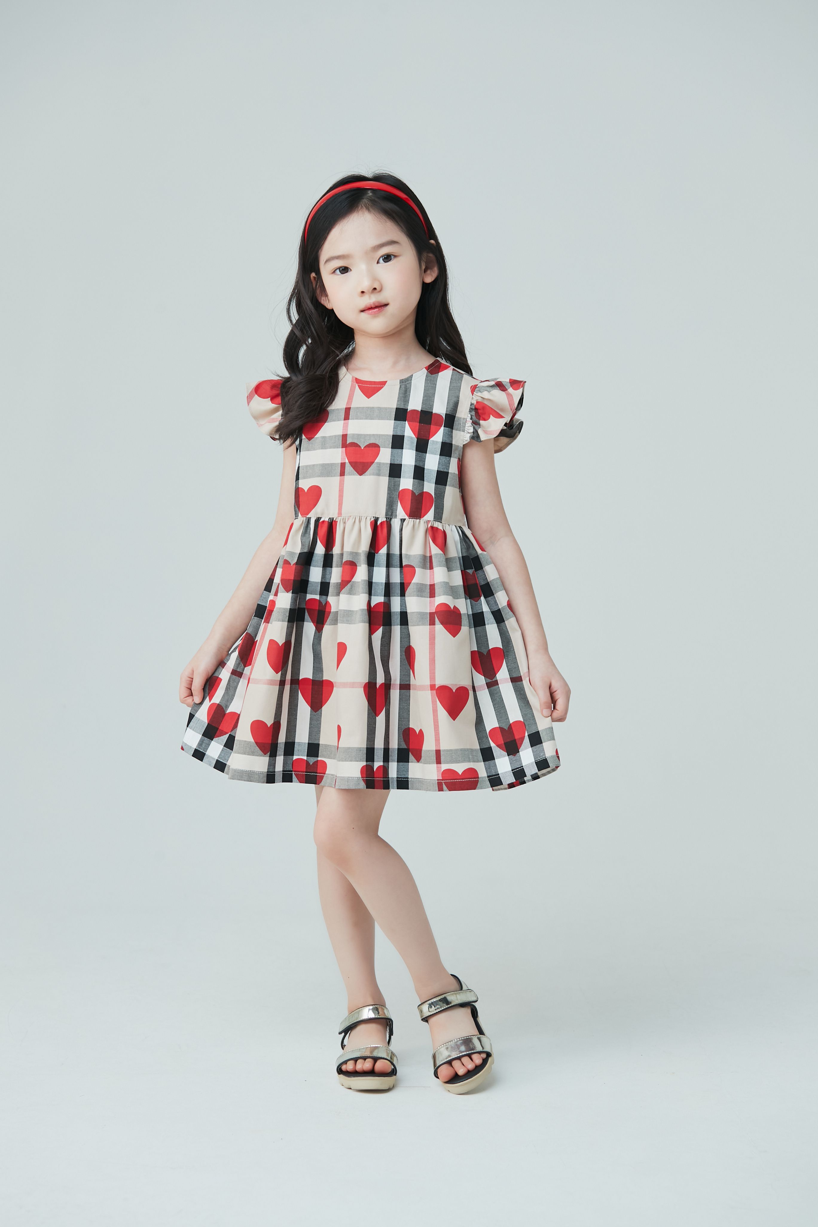 韓國 Coco Bang - 立體袖愛心英倫格紋洋裝