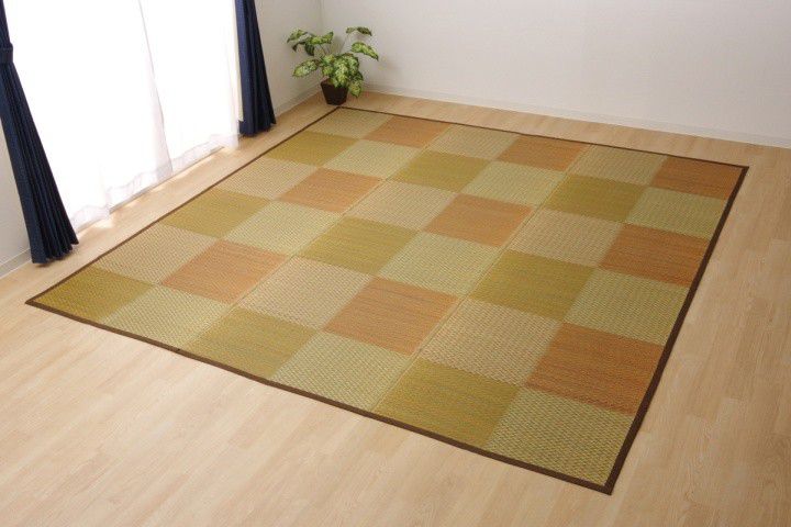 日本池彥 - 藺草編抗菌除臭濕度調節 地毯/地墊-格子-咖X橘 (174x174cm)