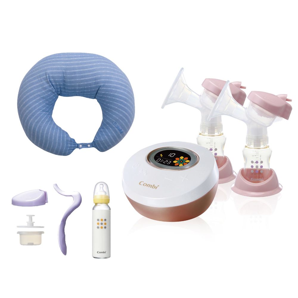 日本 Combi - 自然吸韻雙邊電動吸乳器-哺乳靠墊組-藍-贈 手動吸乳器配件+標準玻璃奶瓶 240ml