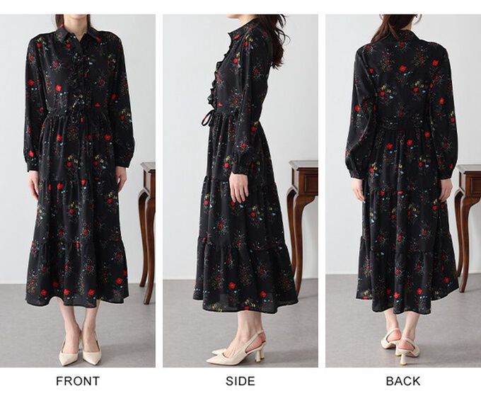 日本 BLUE EAST - 荷葉邊領唯美花卉長袖洋裝(腰抽繩)-米杏