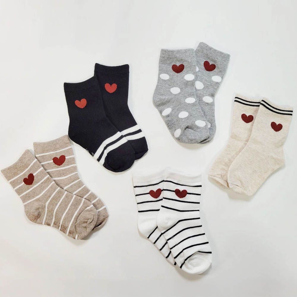 (五入組)韓製兒童中筒襪-愛心圓點條紋