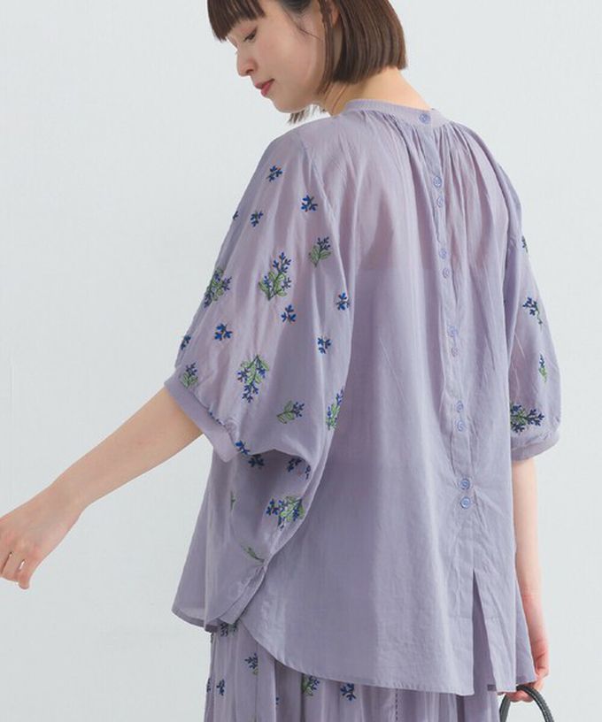 日本 Lupilien - 100%印度棉 優美植物刺繡大寬袖上衣-薄荷