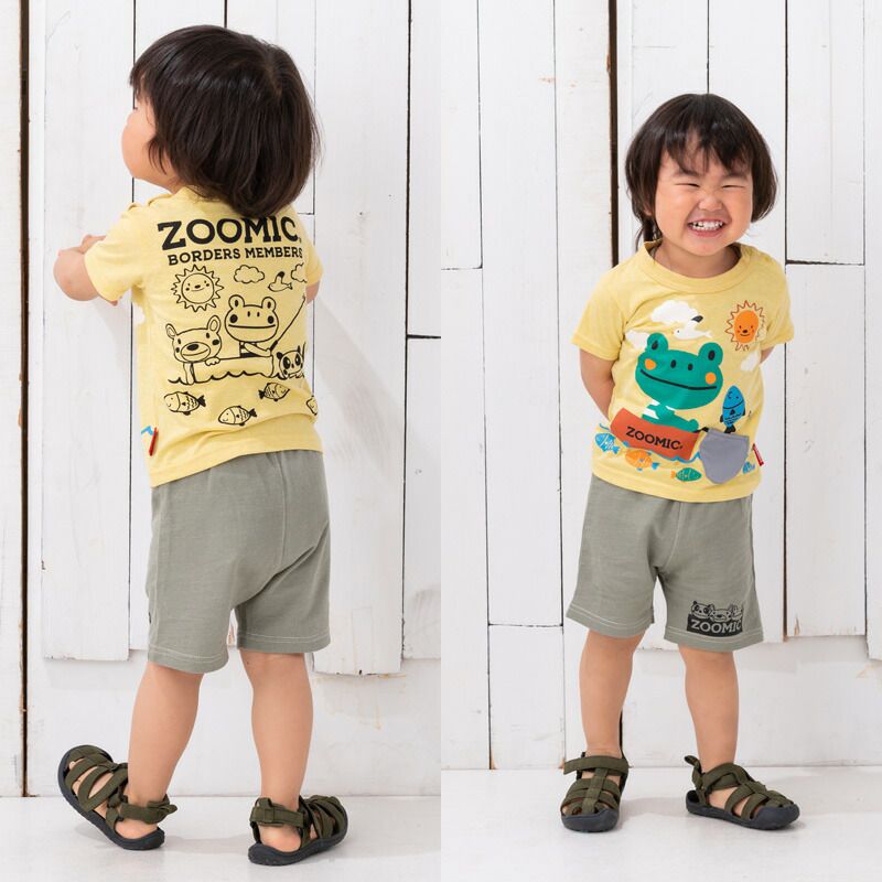 日本 ZOOLAND - 童趣印花短袖上衣X純棉短褲套裝-青蛙撈魚趣-黃