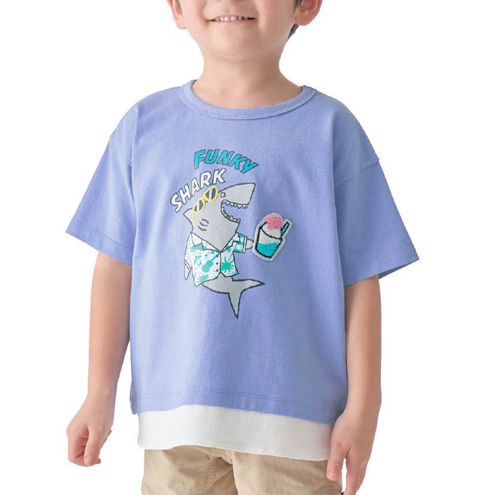 100％天竺棉夏日印花短袖上衣-鯊魚吃冰-藍紫