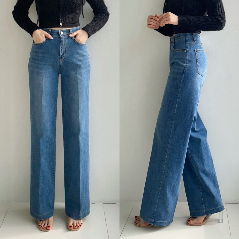 Howluk 彈性腰水洗刷色丹寧直筒寬褲-中青