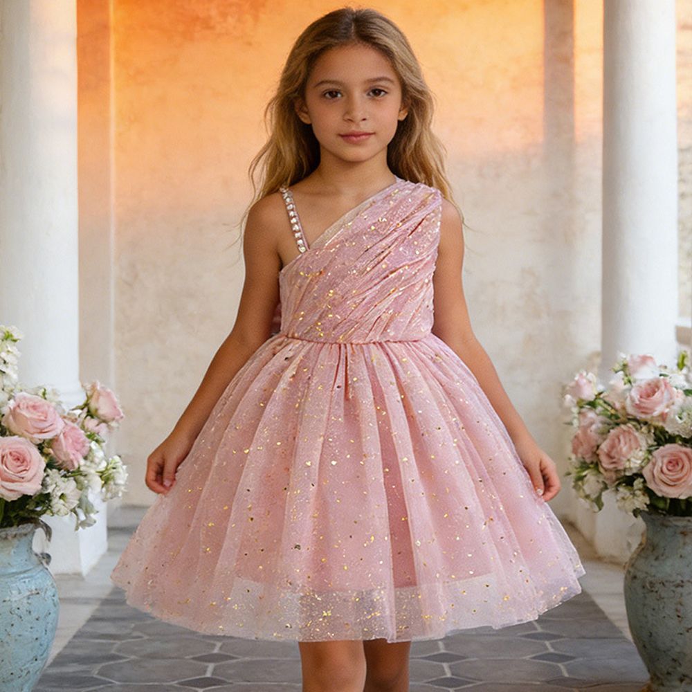 斜肩星鑽網紗抓褶澎裙禮服-粉色