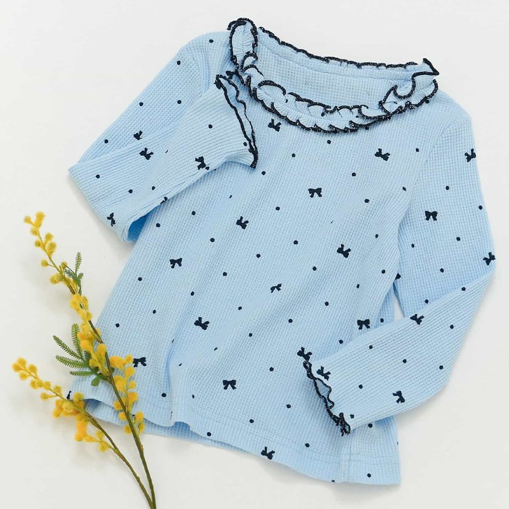 荷葉木耳領華夫格薄長袖上衣-蝴蝶結-藍