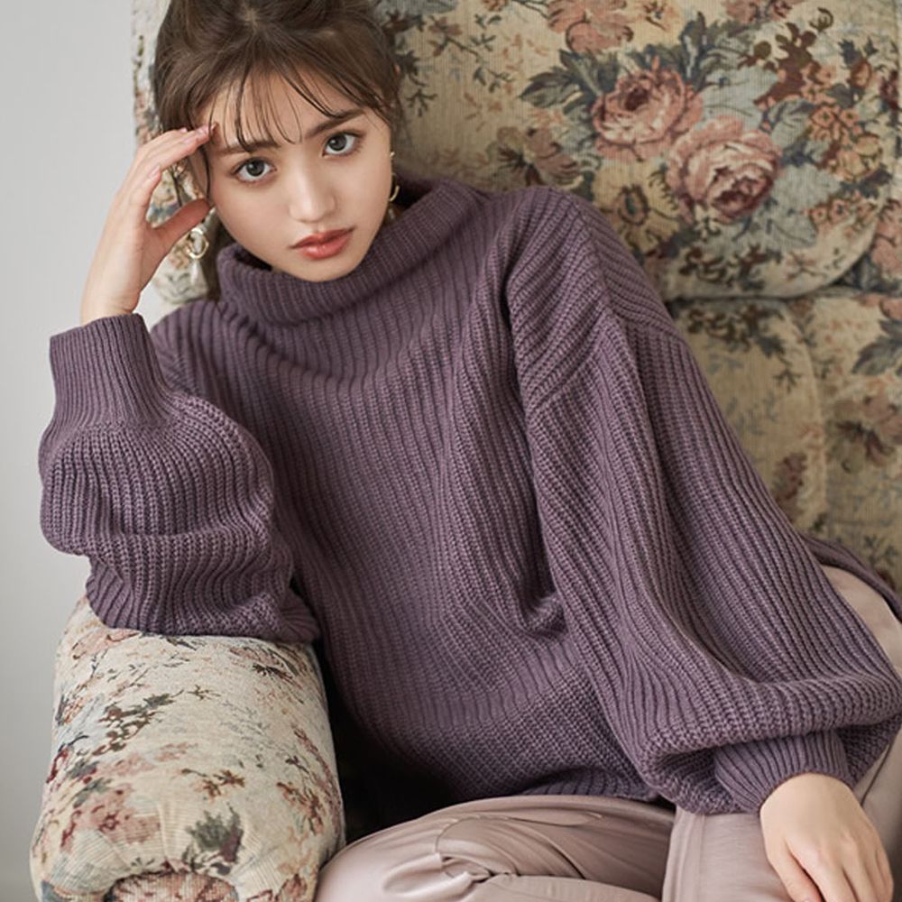 日本 GRL - 寬口立領寬鬆前短後長針織毛衣-深紫