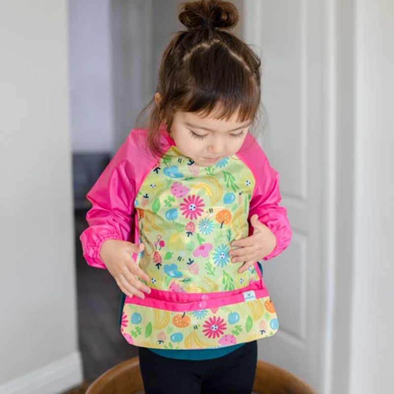 美國 green sprouts - 小綠芽魔鬼氈雙面防水/防食物掉落長袖圍兜單入組-花花世界