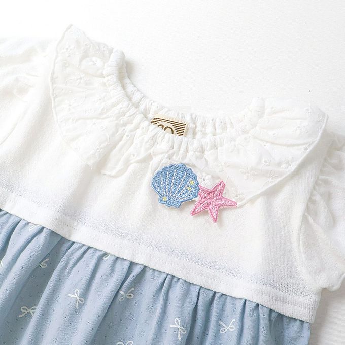 日本 ZOOLAND - 貝殼蕾絲領緹花短袖上衣-蝴蝶結印花-粉紅