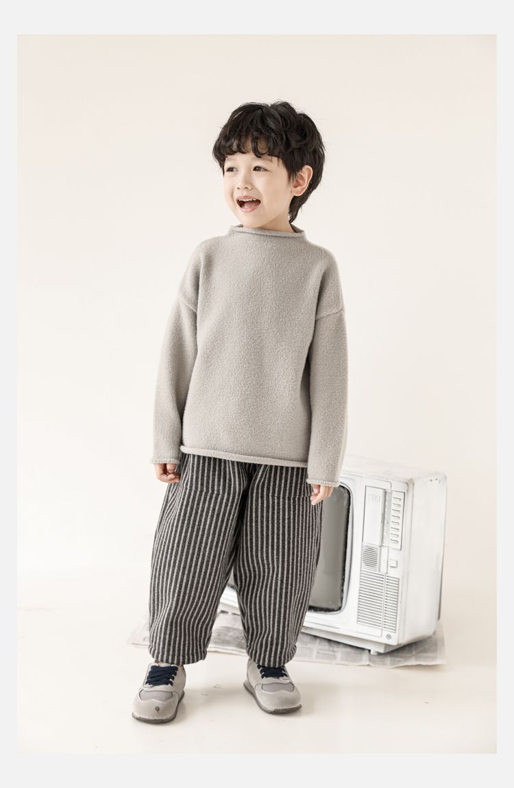 TONGMO - (加絨)小紳士腰鬆緊休閒條紋寬褲-黑+灰