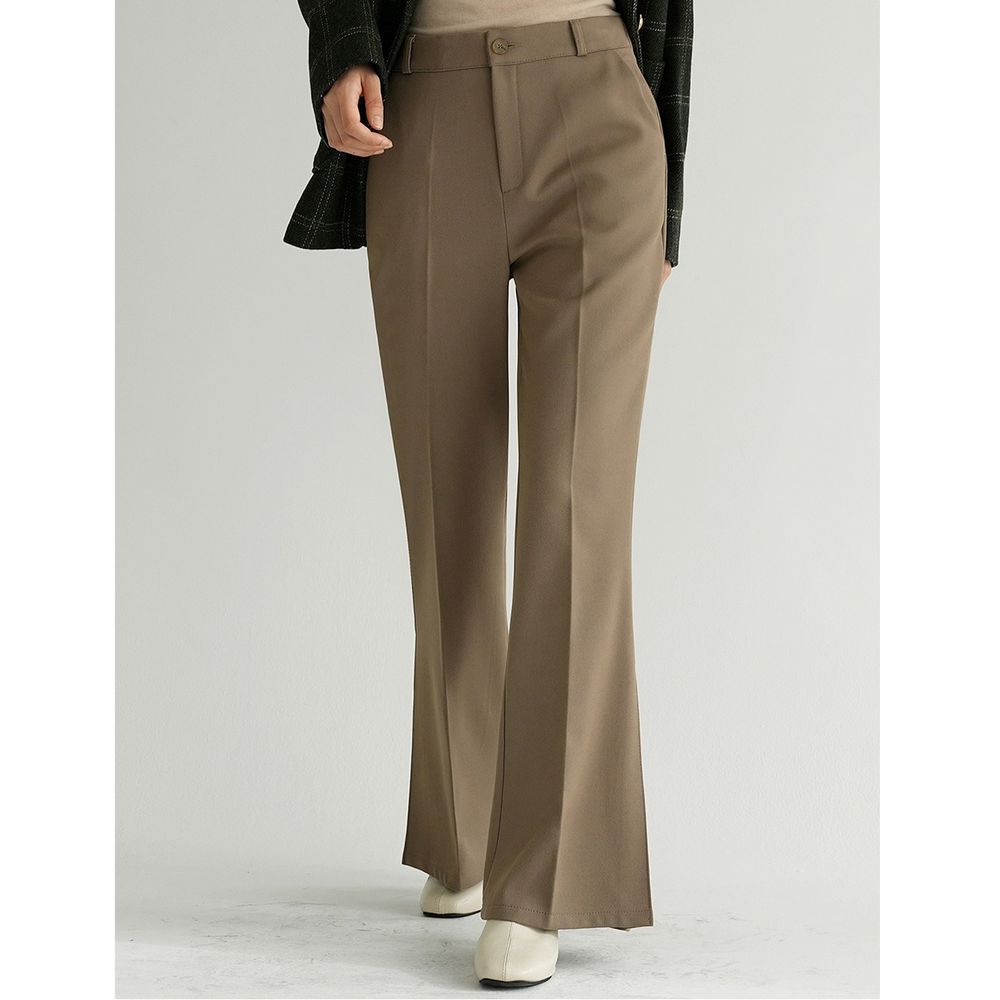 Domingoblue 後鬆緊腰磨毛感俐落感修身抓褶喇叭褲-深卡其