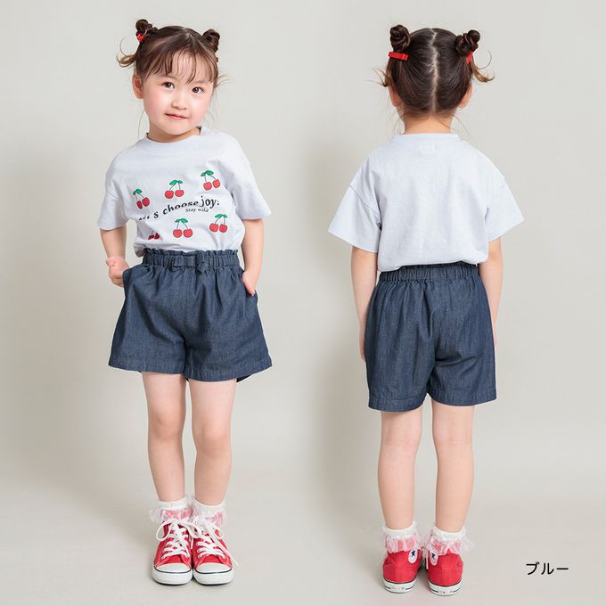 日本 BRANSHES - 腰間蝴蝶結女孩短褲-霧藍