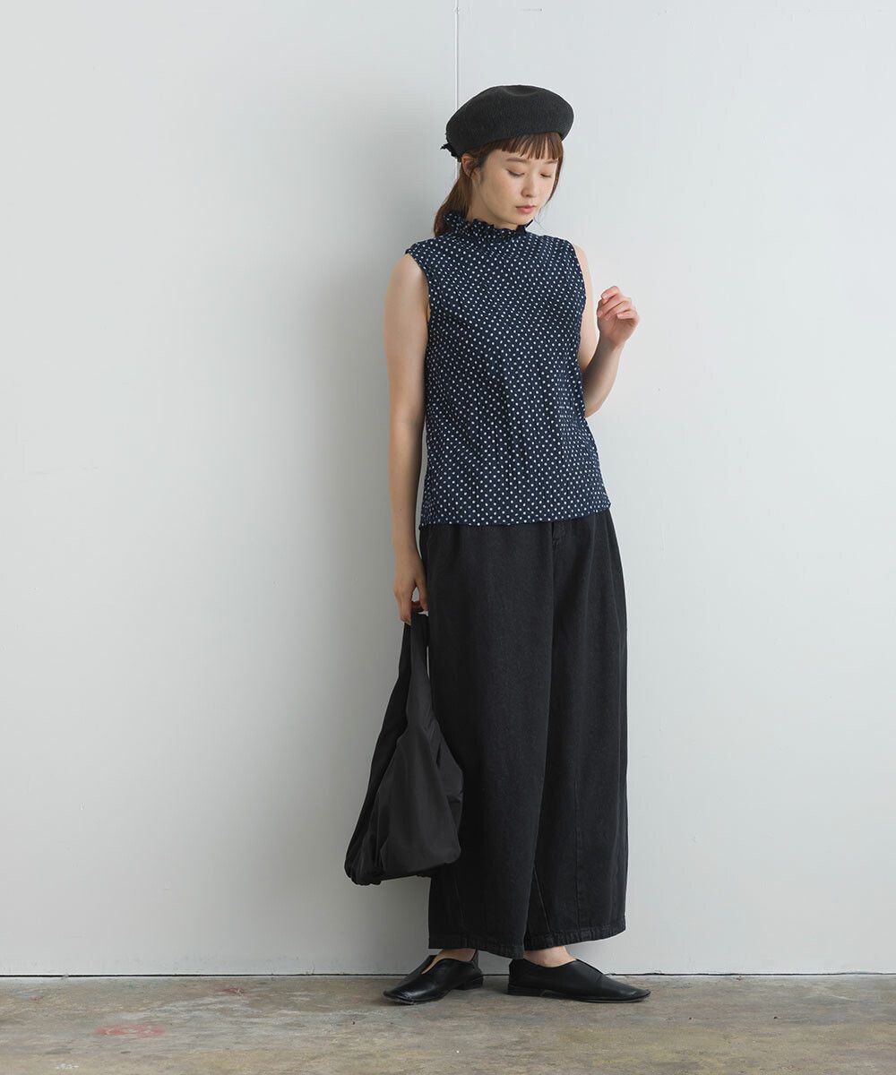 日本女裝代購 - 木耳領楊柳感無袖上衣-直條紋-深灰藍