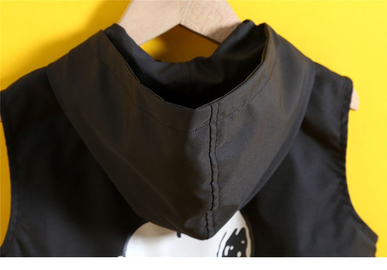 卡通人物史努比帥氣工裝長袖套裝(三件組)-黑色-背心+上衣+長褲