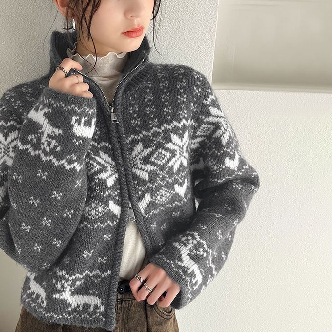 日本 Classical Elf - mily bilet 北歐雪花氛圍短版針織外套-米x藍