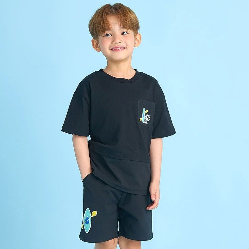 手繪獨木舟圖案短袖套裝-黑