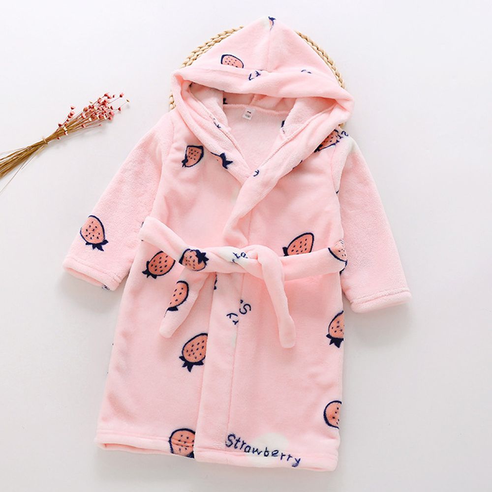 超柔軟珊瑚絨浴袍睡衣-粉色草莓
