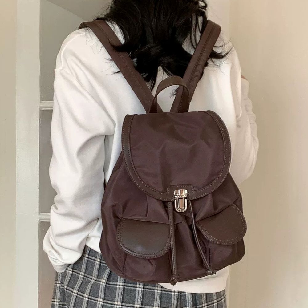 韓系小眾翻蓋縮口尼龍後背包-咖啡