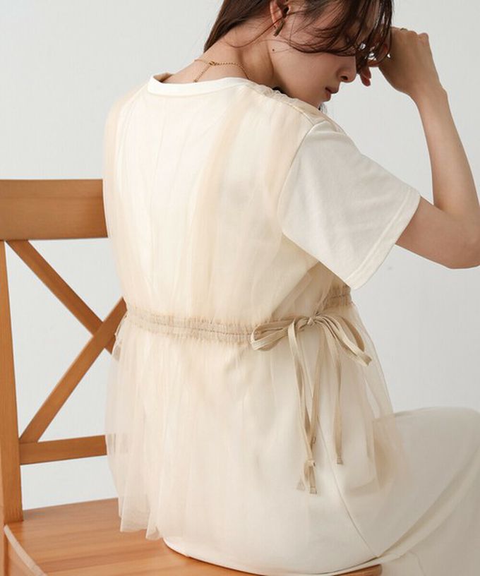 日本 Bab - 層次設計感薄紗拼接短袖洋裝-炭灰