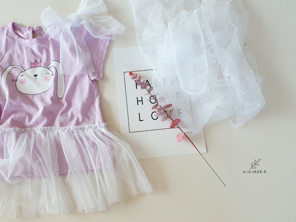 韓國 kikimora - 單邊緞帶皇冠兔網紗拼接洋裝-粉紫