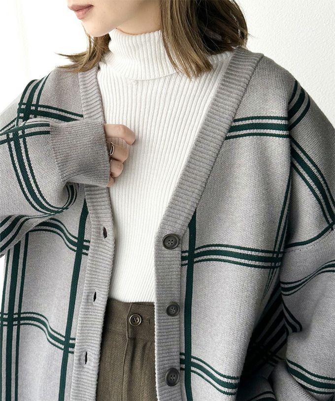 日本 Classical Elf - 歐風大格紋落肩針織外套-黑