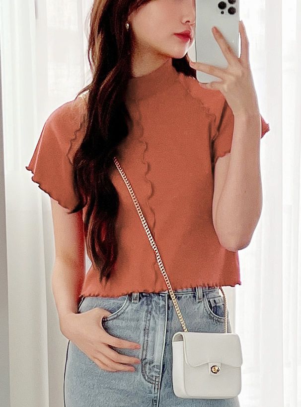 日本 GRL - 微立領木耳邊短袖上衣-橘