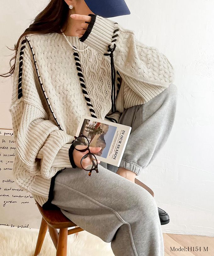 日本 Classical Elf - 2way跳色毛線編織寬鬆長版毛衣-摩卡