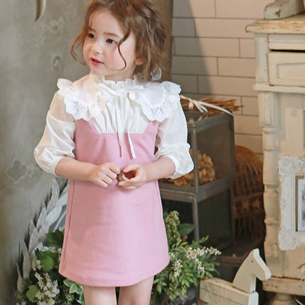 韓國 PuellaFLO - (剩9號)(春裝)假兩件宮廷領氣質洋裝-粉紅
