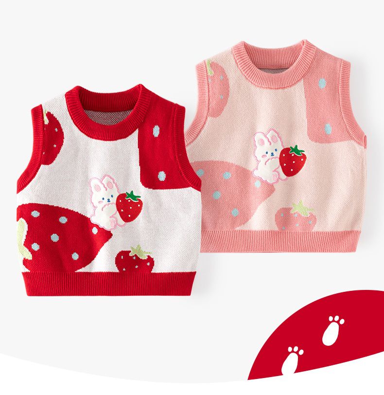 舒適圓領百搭針織背心-草莓兔兔-粉色