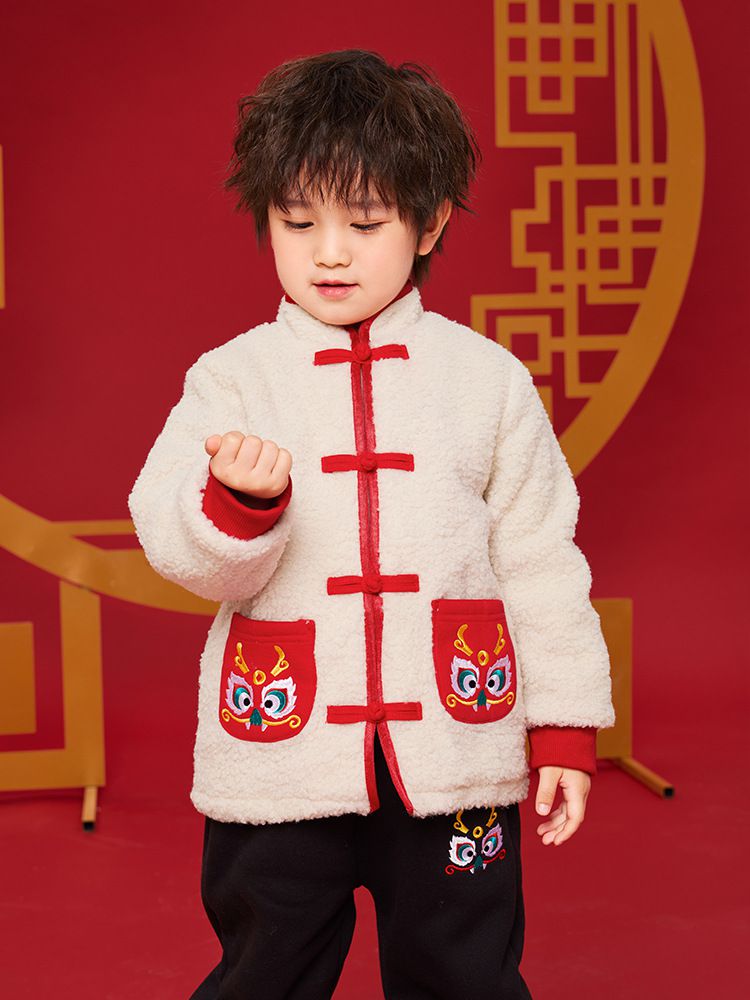 漢服風喜氣拜年立領盤釦外套-福氣龍口袋-米白色