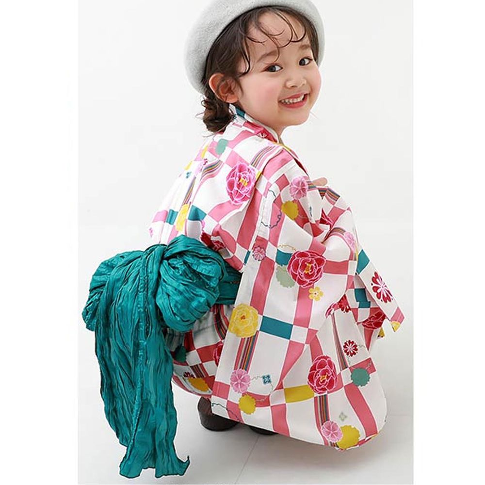 日本 devirock - 純棉夏日祭典花朵浴衣兵兒帶2件組-牡丹格紋-粉x綠