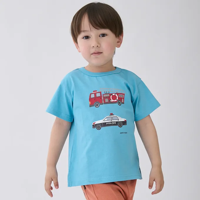 日本 petit main - 100%棉 可愛百搭短袖上衣-沙灘跑車-米杏