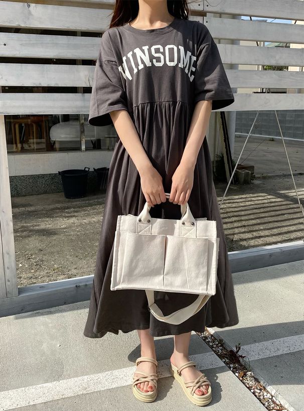 日本 GRL - 純棉美式休閒落肩短袖洋裝-石墨灰 (F)