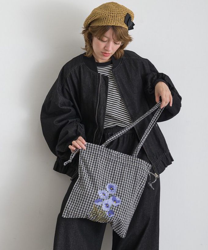 日本 Lupilien - 清新格紋花卉刺繡抽繩手提袋-綠x橘花
