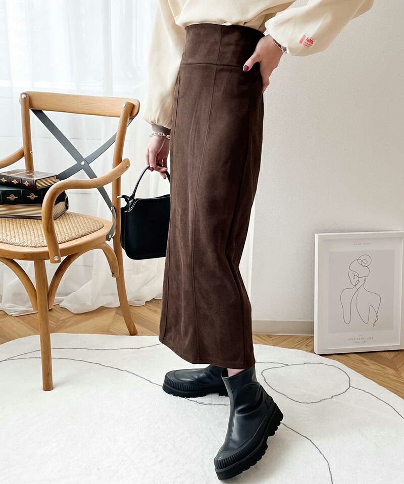 日本 Classical Elf - 麂皮質感後鬆緊修身長裙-咖啡