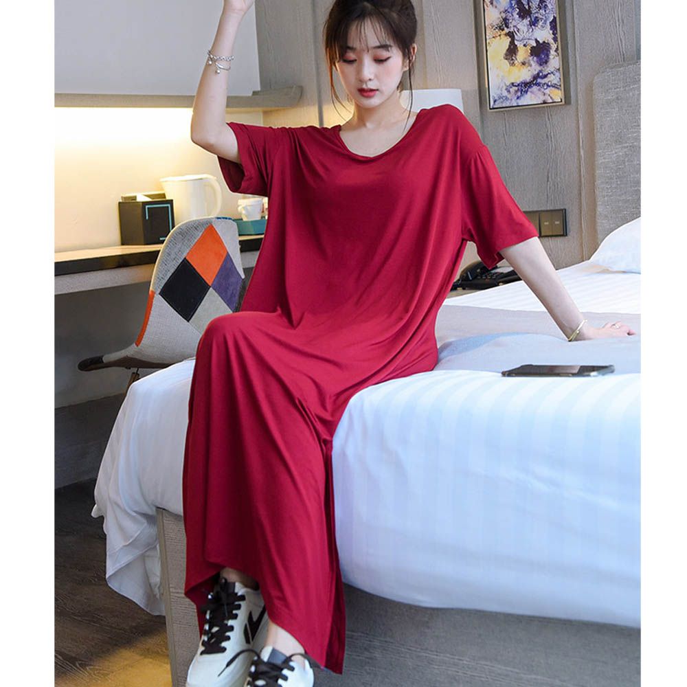 涼感莫代爾短袖Bra長洋裝-落肩寬鬆版-酒紅色