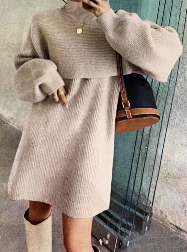 日本 GRL - 高領羅紋針織兩件式短版洋裝-知性黑