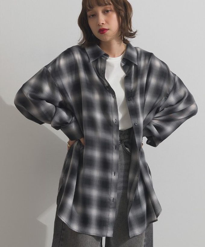 日本 ELENCARE DUE - 2way穿法輕盈透膚寬版薄襯衫-格紋-米棕系