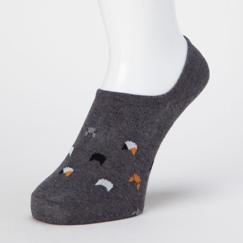 日本 okamoto - 超強專利防滑ㄈ型隱形襪-針織 超深履款-幾何貓咪 深灰 (23-25cm)