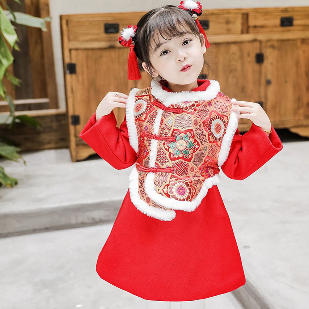 雪絨棉襖旗袍洋裝-加厚款洋裝＋背心-紅色