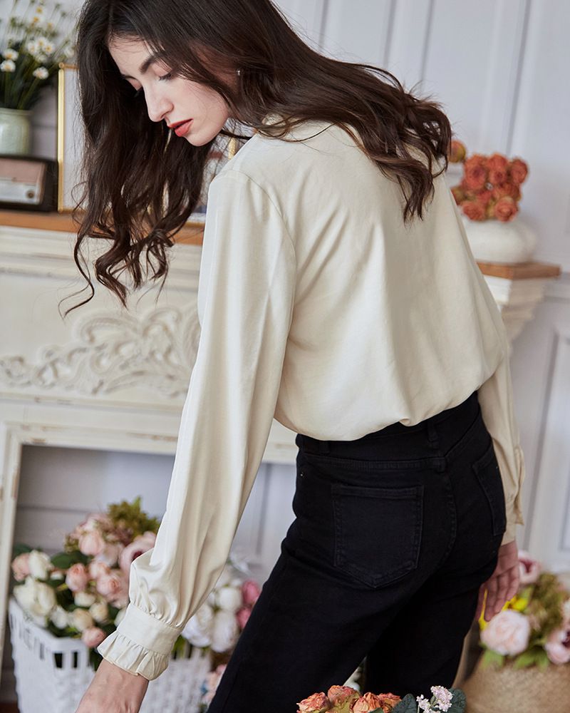 氣質荷葉邊長袖襯衫-杏色