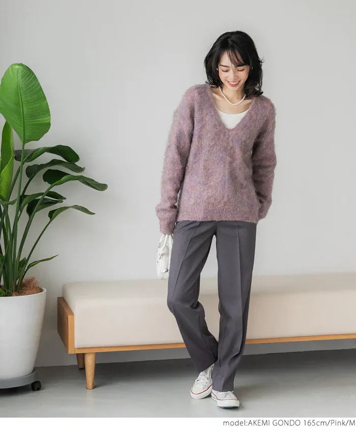 日本 COCA - 大V領混色毛海感針織上衣-藍綠系