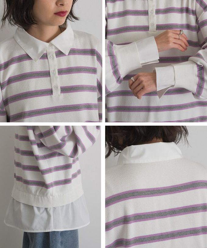 日本 ELENCARE DUE - 假二件襯衫領輕盈落肩長袖上衣-海軍藍x綠條紋