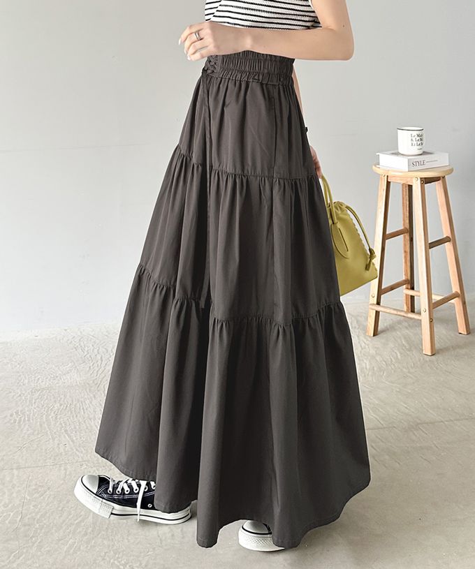 日本 Classical Elf - 古典優雅綁帶分層鬆緊長裙-黑