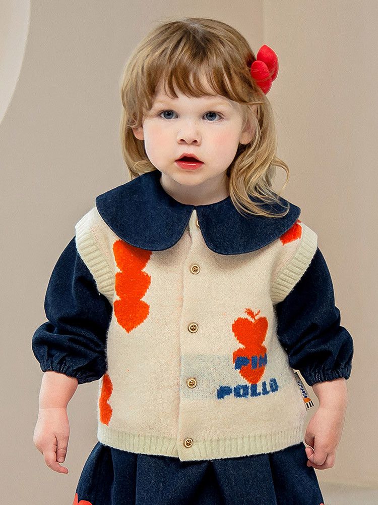 韓國Pimpollo - 愛心印花開衫針織背心-藍