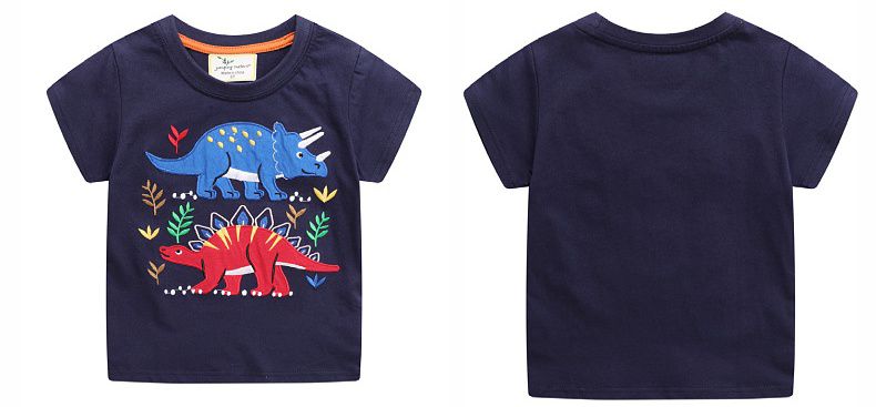 Jumping meters - 棉質圓領短袖上衣-可愛恐龍-深藍色