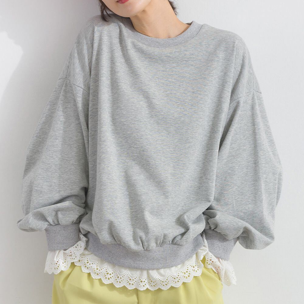 貝殼蕾絲下擺俏麗層次感大學T-淺灰